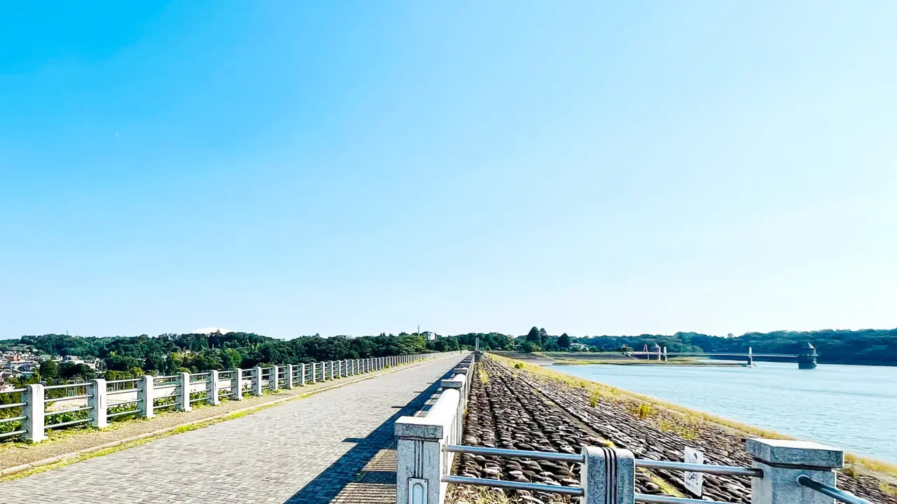 第36回所沢シティマラソンのコースの狭山湖の堤防の景色